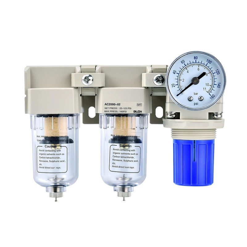 BLCH 1/4" NPT Air Compressor Dryer - Double Air Compressor Filter Air Compressor Regulator AC2000-02 Manual Drain Poly Bowl Gauge 0-160 PSI 5μm Brass - Image 1